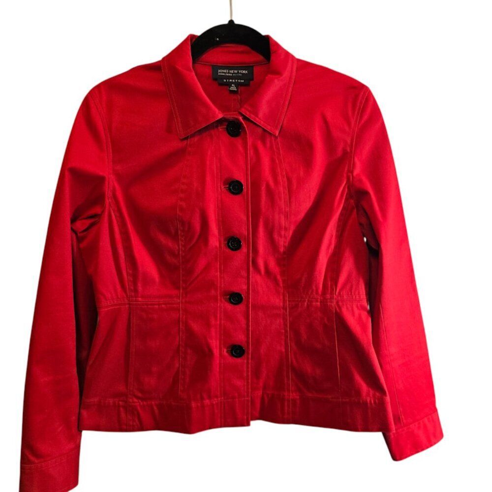 JONES NEW YORK SIGNATURE PETITE LARGE COTTON RED BLAZER STRETCH